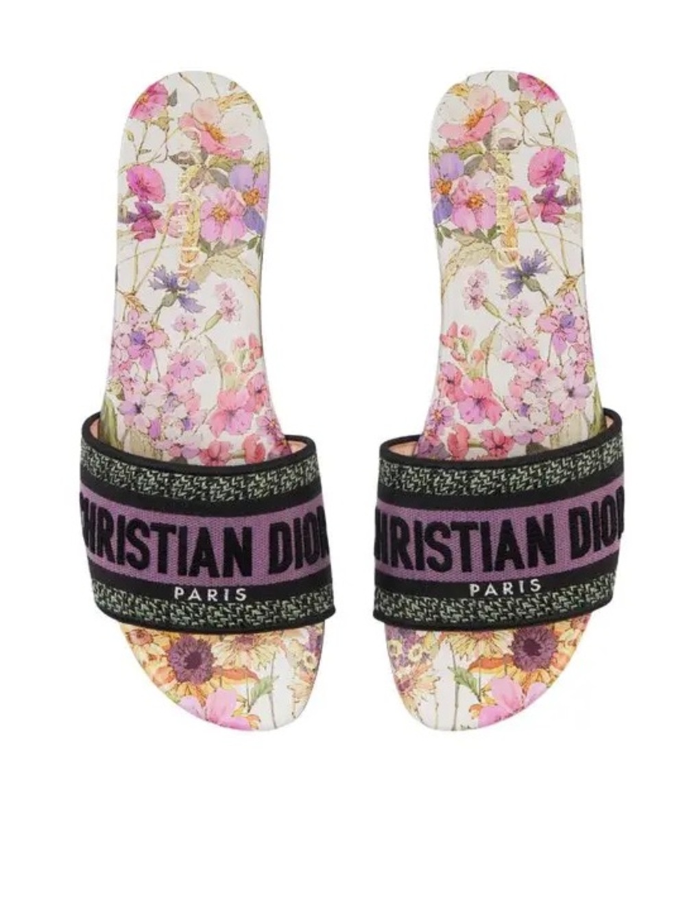 Brand New Dior Black and Pink Logo Floral Slide Sandals